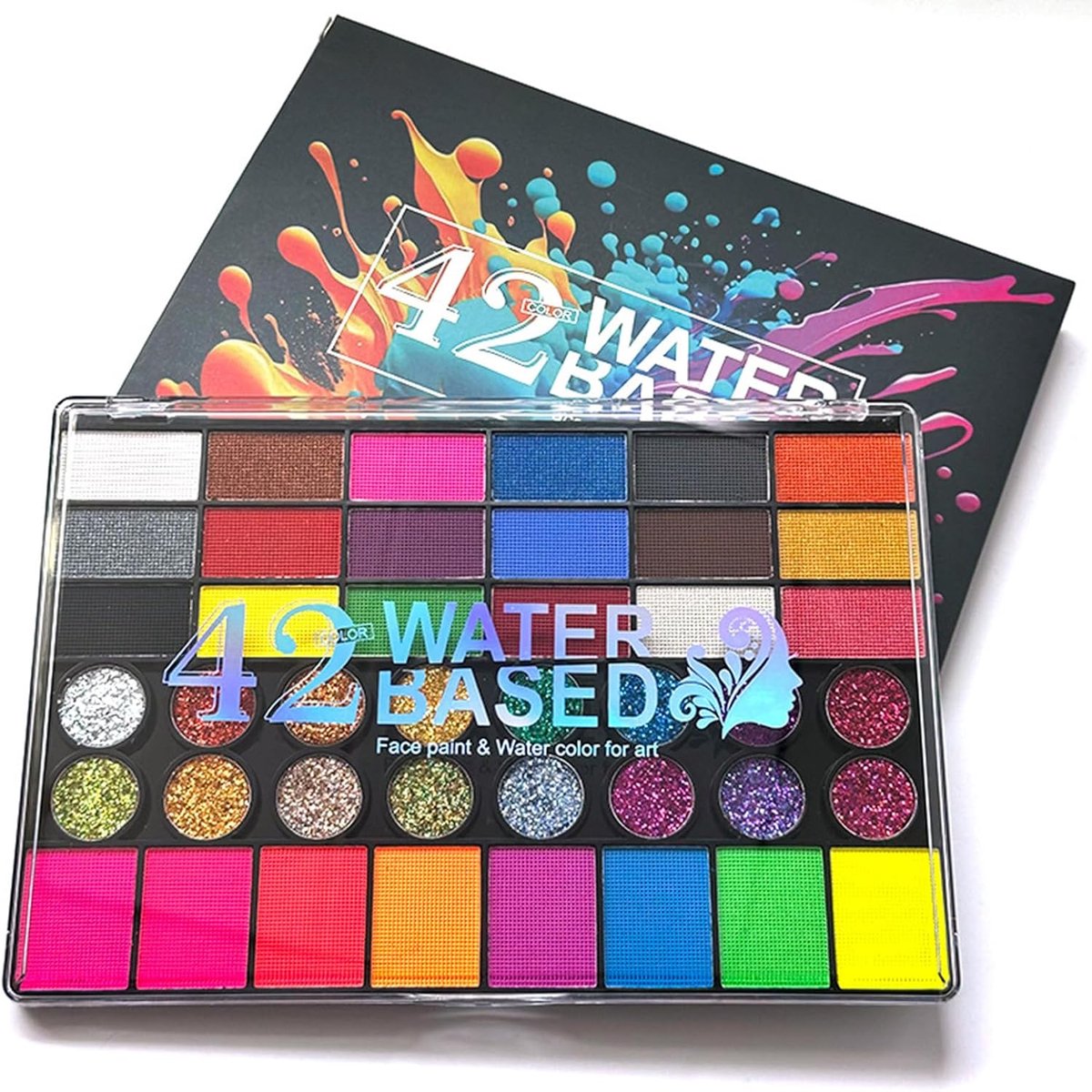 Bodypainting-verfset 42 kleuren - wateroplosbare lichaams- en gezichtsverf - matte glitters en neonkleuren - ShopVlot