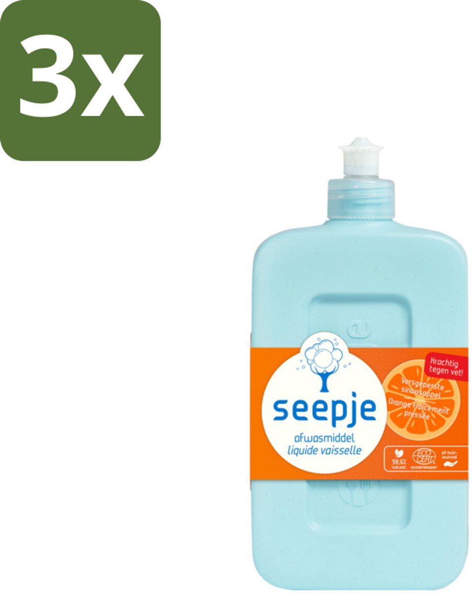 Seepje - Afwasmiddel - Krachtige Reiniging - Versgeperste Sinaasappel Geur - 500 ml - Bulkverpakking - 3 stuks