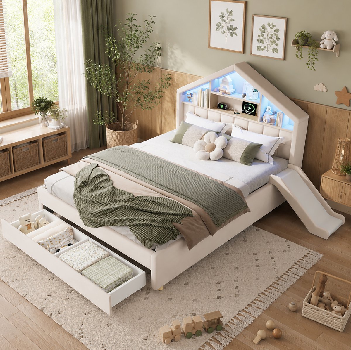 FloraGrace Kinderbed 140x200cm - Huisbed Met Glijbaan En Ledverlichting - Met Opbergruimte En Bedlade - Kinderen - Stof - Beige - Zonder Matras