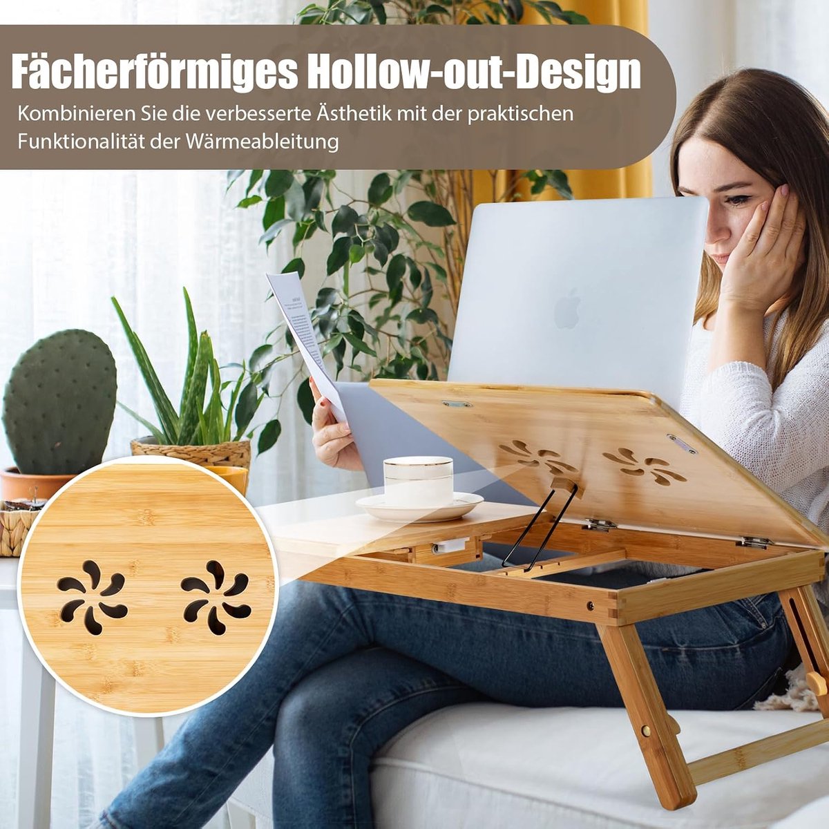 COSTWAY Bamboe laptoptafel, inklapbaar, notebooktafel, in hoogte verstelbaar, kantelbaar en geventileerd, lapdesk met lade, opvouwbare bedtafel voor lezen ontbijt, 53 x 33 x 20-26,5 cm (natuur)