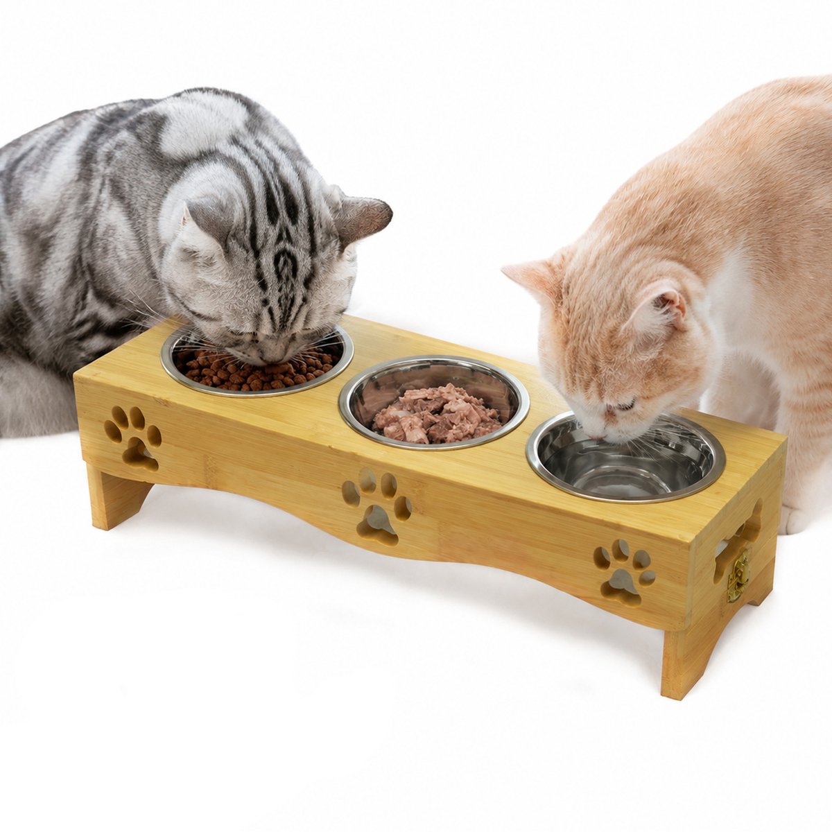 Voerbak voor Kat en Hond - Met Standaard - 3 RVS Voerbakken - 42 x 15 x 11 cm