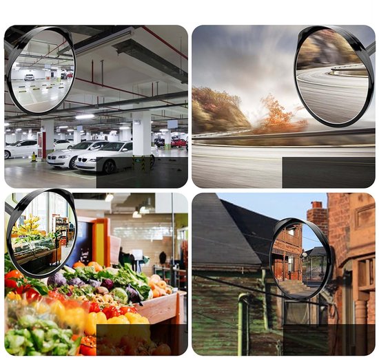 Vier voorbeelden van toepassingen voor bolle spiegels: parkeergarage, bochtige weg, groenteafdeling en een gevel.