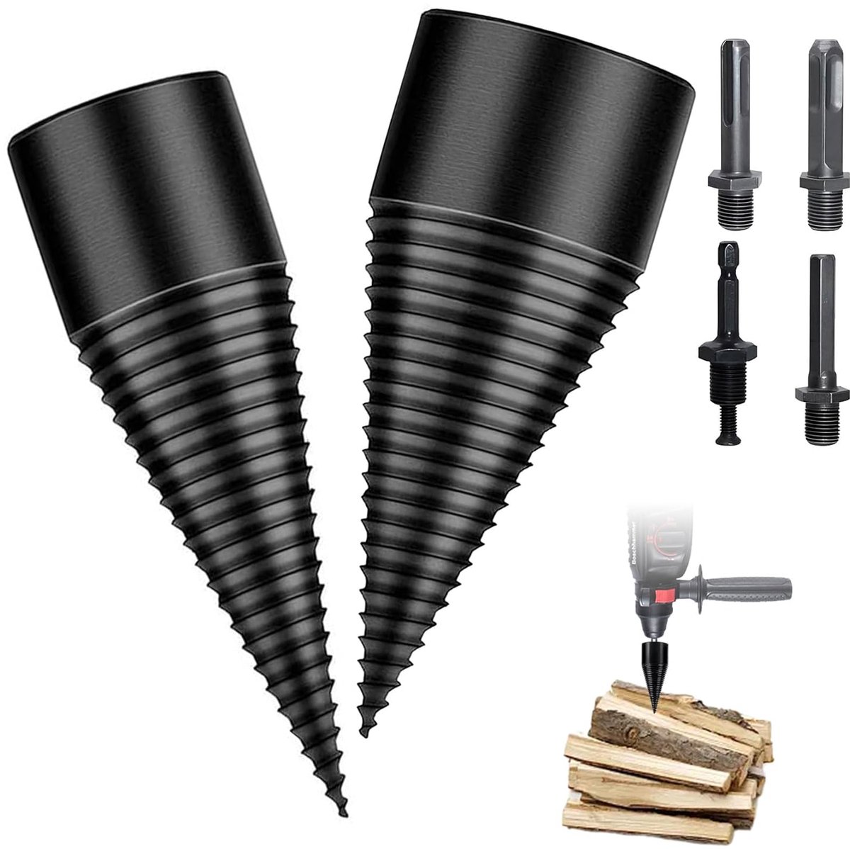 42mm + 32mm Wood Splitter Screw Cone with 4 Drill Handles Crevices Wood Splitter Firewood Drill for Wood Splitting - ShopVlot