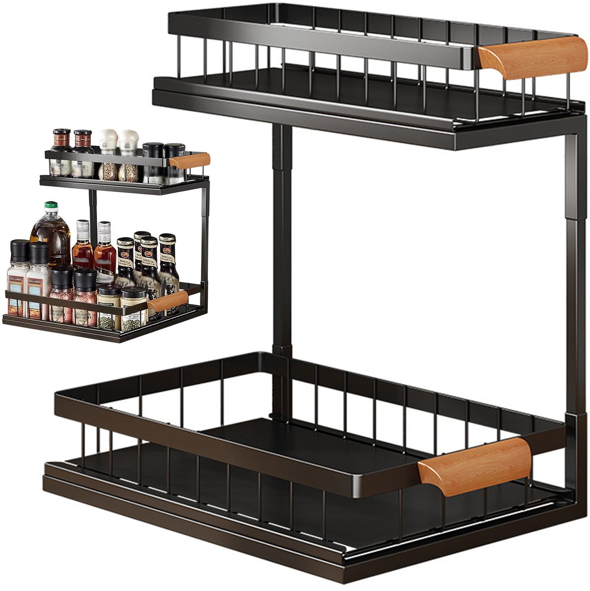 Wishdor Uitschuifbare gootsteen organizer - L-vormig opbergrek onder de wasbak - Dubbele lades - Zwart koolstofstaal - Voor keuken en badkamer - Antislip handvat - 37 cm