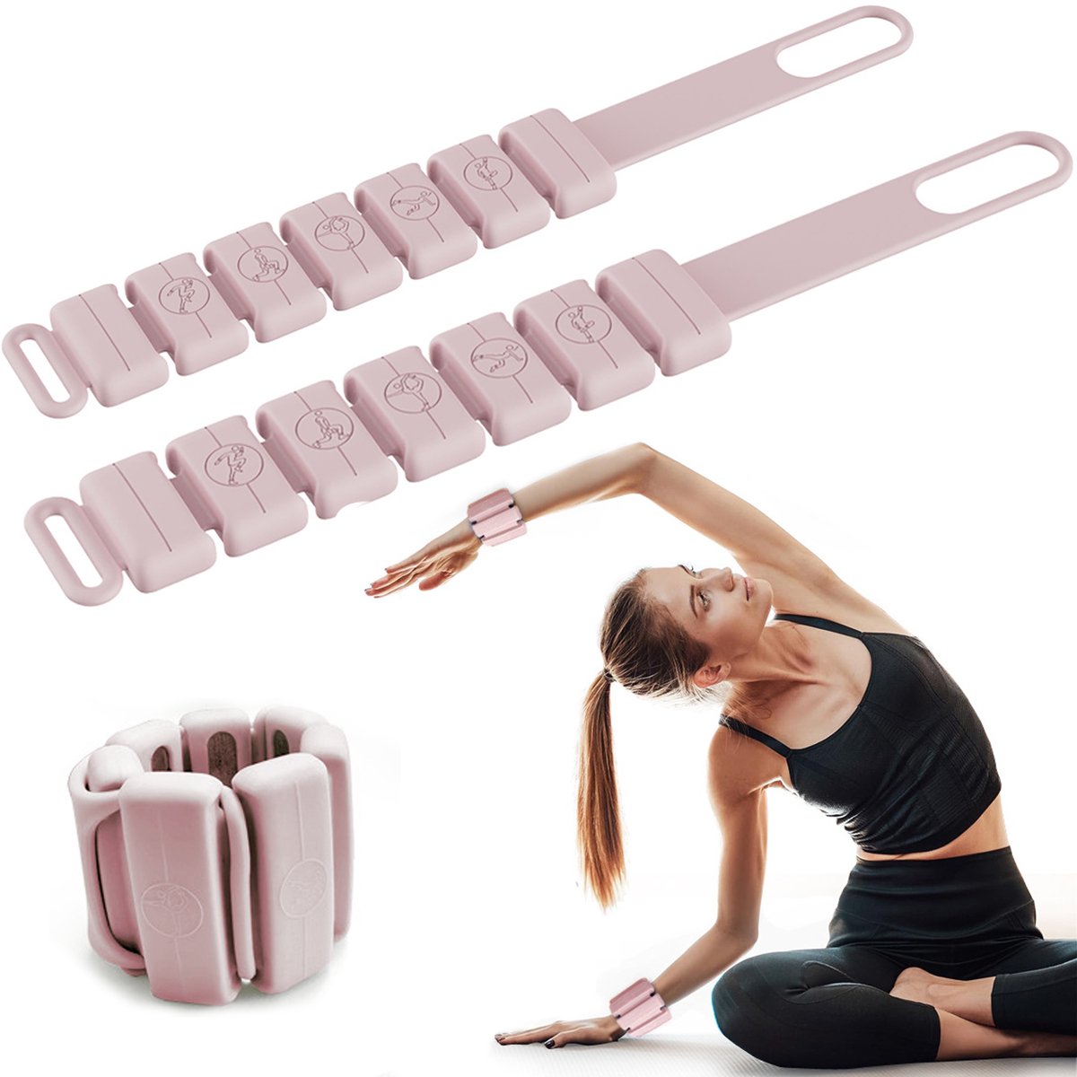 Siliconen Enkel- en Polsgewichten – Gewichtsband – Gewichtsarmband – 2-stuks – 2 × 0,25 kg – Verstelbaar – Pols- en Enkelgewichten – Geschikt voor fitness, yoga, pilates, aerobics en wandelen – Roze
