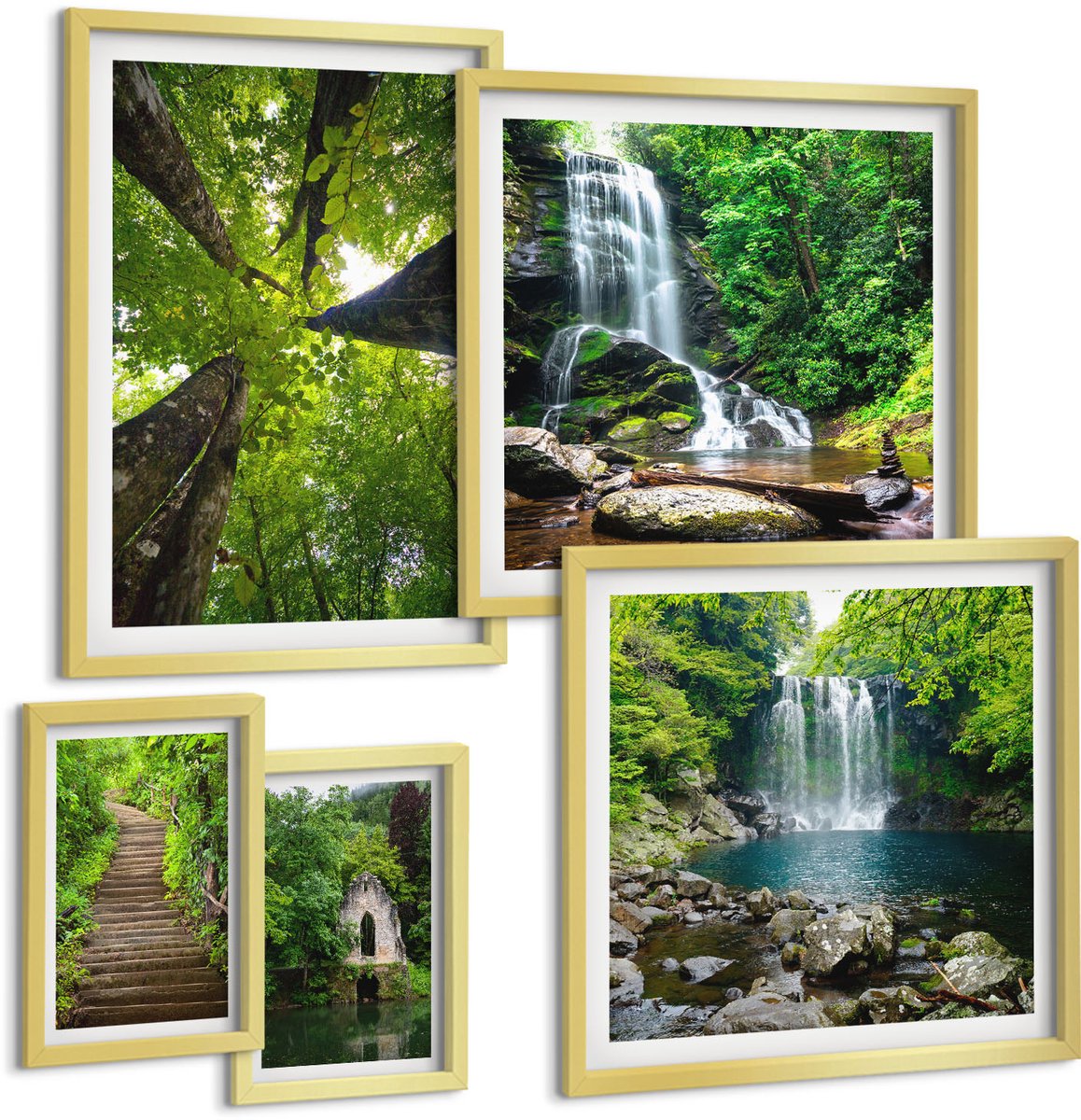 TULUP 5-Delige Schilderij Set - Groene landschappen met watervallen en bospaden - 50 x 50 cm, 20 x 30 cm en 40 x 60 cm - Wanddecoratie - Woonkamer Decoratie - Decoratieve Schilderijen Gouden lijst