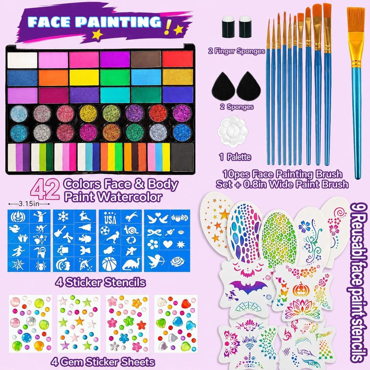 Namajunas - Lichaamsverf - 42 kleuren gezichts- en lichaamsverf (waterverf) - Alles in één set: sponzen, penselen, palet, stencils, glitter steentjes en gezichtsverf malletjes - Aquarelverf - Geschikt voor carnaval, Halloween en kostuum make-up