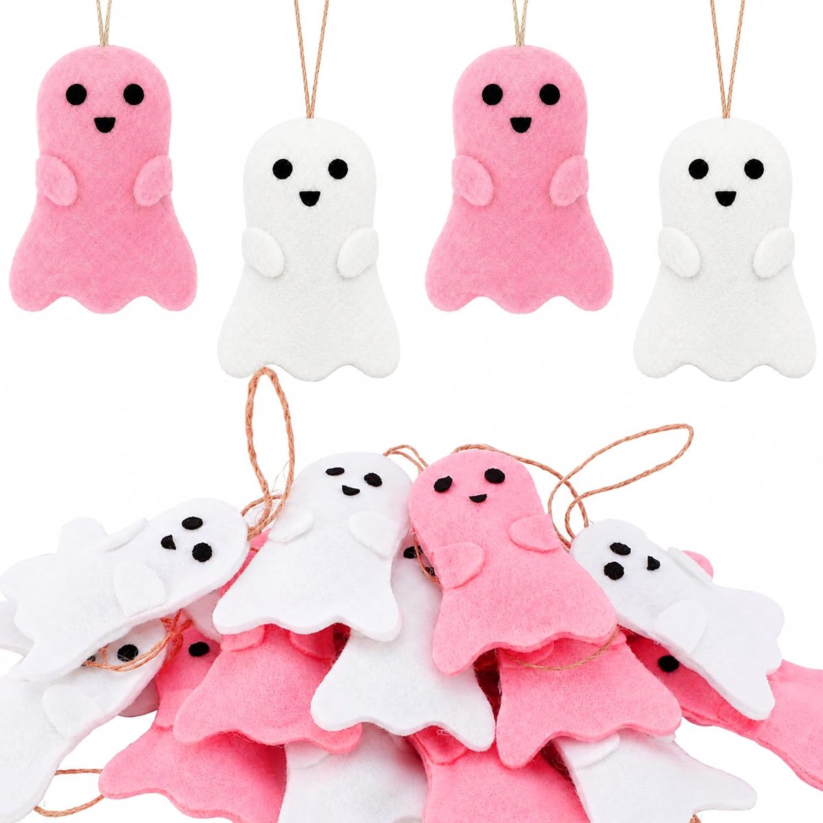 Halloween Spook Hangdecoraties - 36 Stuks - 8 cm Wit en Roze - Boom- en Buitendecoratie - DIY Slinger - Feestartikelen - Spookachtig en Schattig - Herbruikbaar - Geschikt voor Tuin, Patio en Binnen - Lichtgewicht