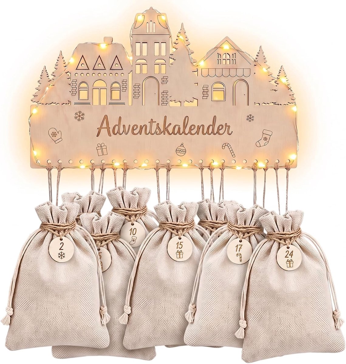 Adventskalender om te vullen, houten design met ledlicht en 24 jute zakjes - ShopVlot