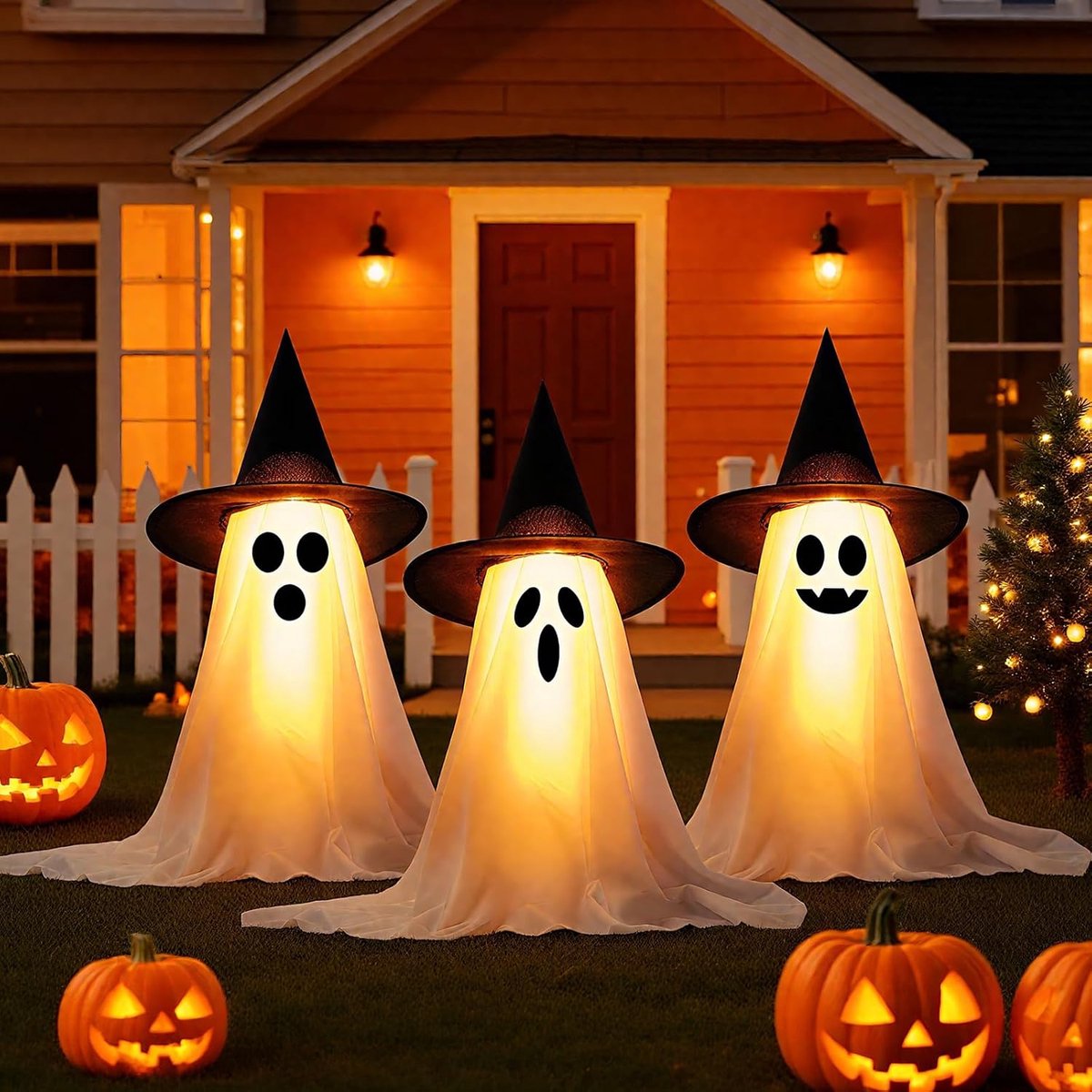 Halloween Decoration Set, 3 LED Witch Hat Ghosts for Indoor and Outdoor Use, Luminous Halloween Decoration for Garden - ShopVlot