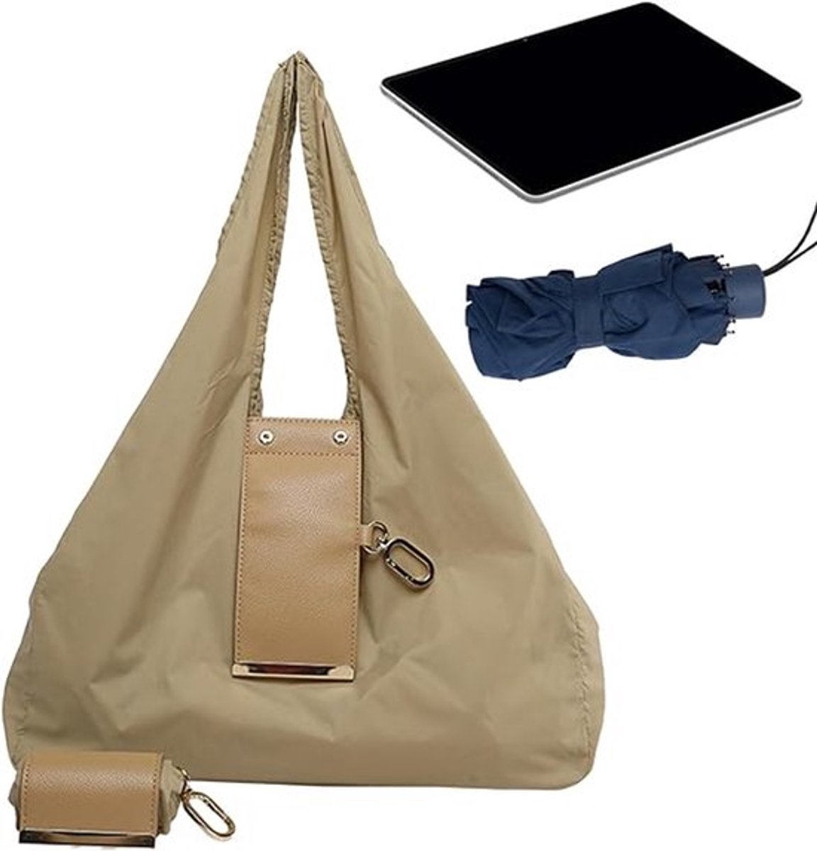 Draagtas - Boodschappentas - Mini leren tas - Een kleine sleutelhangertas die verandert in een ruime, lichtgewicht en herbruikbare draagtas - ideaal voor dagelijkse boodschappen en reizen - Kameel