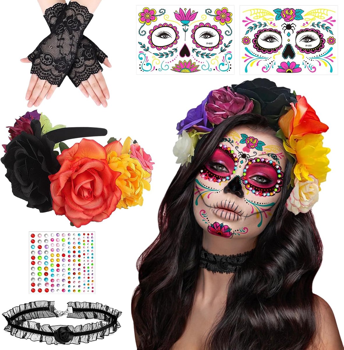 Halloween Carnival Day of the Dead Hairband and Skull Face Tattoo, Mexican Floral Crowns Headdress Carnival Women's - ShopVlot
