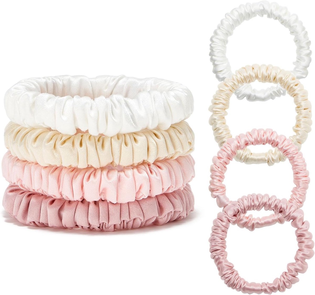 100% Pure Mulberry Silk Skinny Scrunchies 4pcs No Damage Elastic Hair Bands Ponytail Holder for Women Daily Soft Hair - ShopVlot