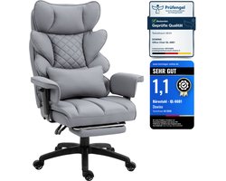 Dowinx Ergonomische Bureaustoel / Gamingstoel – Pocketveren Zitkussen – Dubbel gevoerde Rugleuning & Verstelbaar Lendenkussen – Met Armleuningen en Voetensteun – PU-leer – Grijs