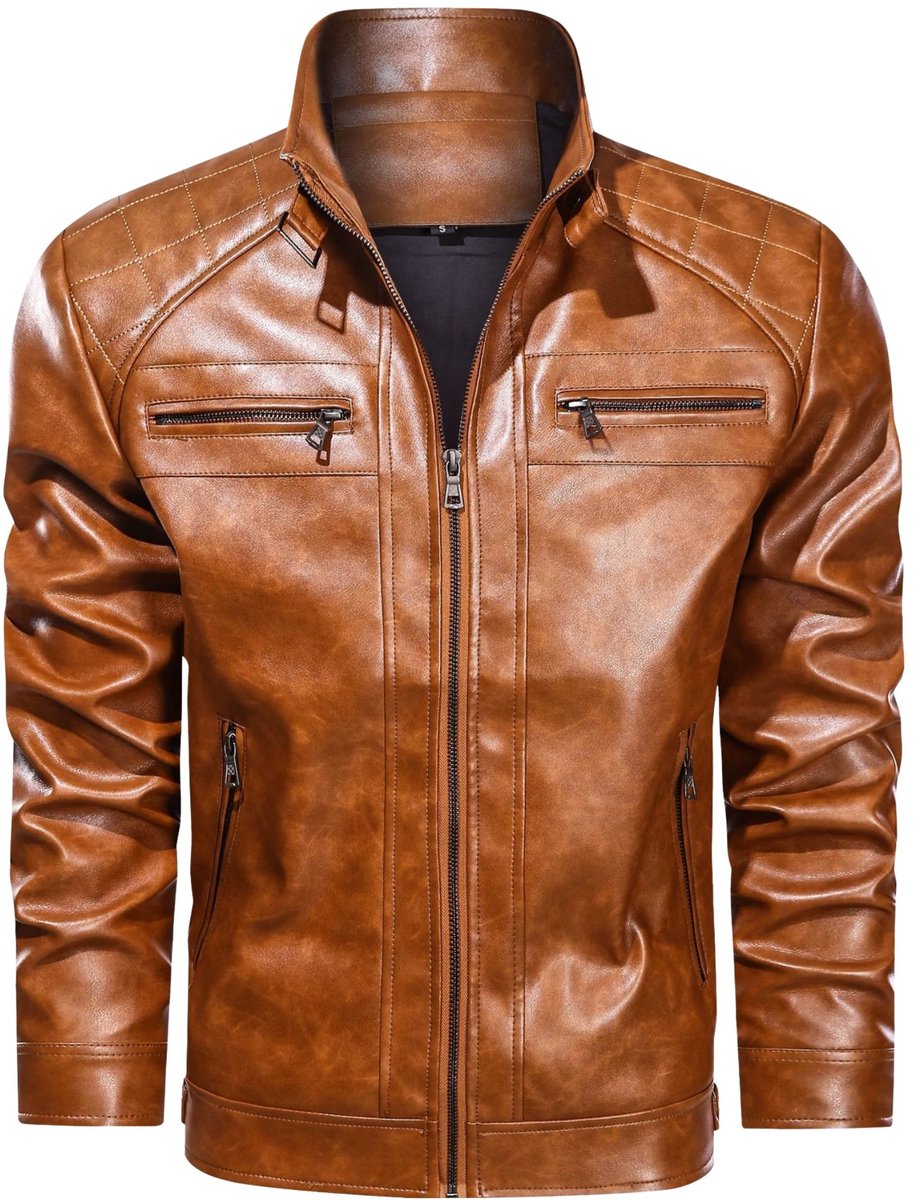 Currero Kunst Leren Jas Leather Jacket Lederen Jas Bomberjack Pilotenjack Blazer Biker Motorjas Motormuis Heren Löss Loss Oker
