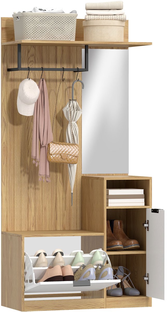 TEKROA® Kledingrek - Kapstok voor in de hal met schoenenopbergruimte - kledingkast - open planken en 4 haken - 80x36x168 cm