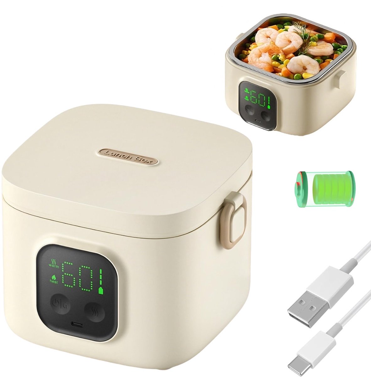 Accu-lunchbox 14000 mAh - roestvrij staal - 800 ml - zelfverwarmend voor onderweg - ShopVlot