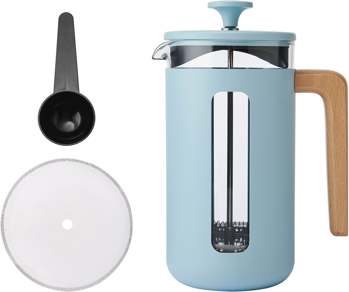 La Cafetière - Pisa Cafetière - Borosilicaatglas - RVS - Houten Handvat - Hemelsblauw - 8 Kops - 1L