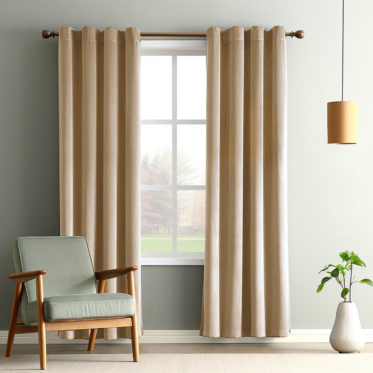 MUPOO verduisterende fluwelen gordijnen set van 2, 132 x 274 cm per paneel, amber polyester met grijze voering, 260 g/m² thermisch isolerend met 8 cm drie-in-één kop voor gordijnroede, achterlussen of haken