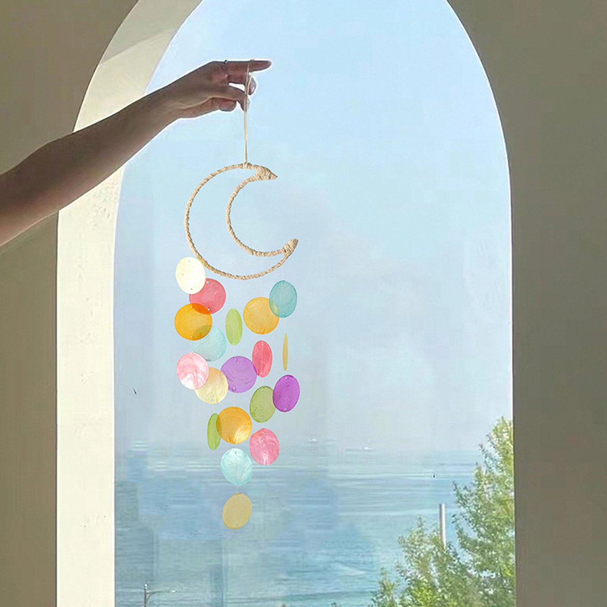 Maan schelp windgong, kleurrijke schelpen hangdecoratie, bohemian stijl raam hangsel voor huis en veranda