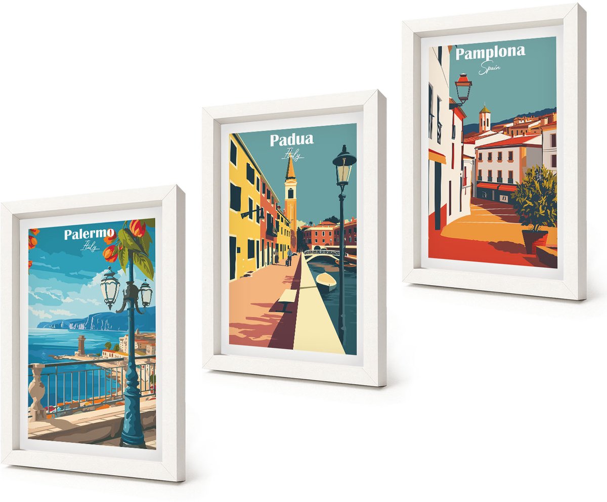 Coloray 3-Delige Schilderij Set - Populaire steden in retro illustratieve stijl - 20x30 - Stijlvolle Wanddecoratie - Interieur - Interieur Decoratie