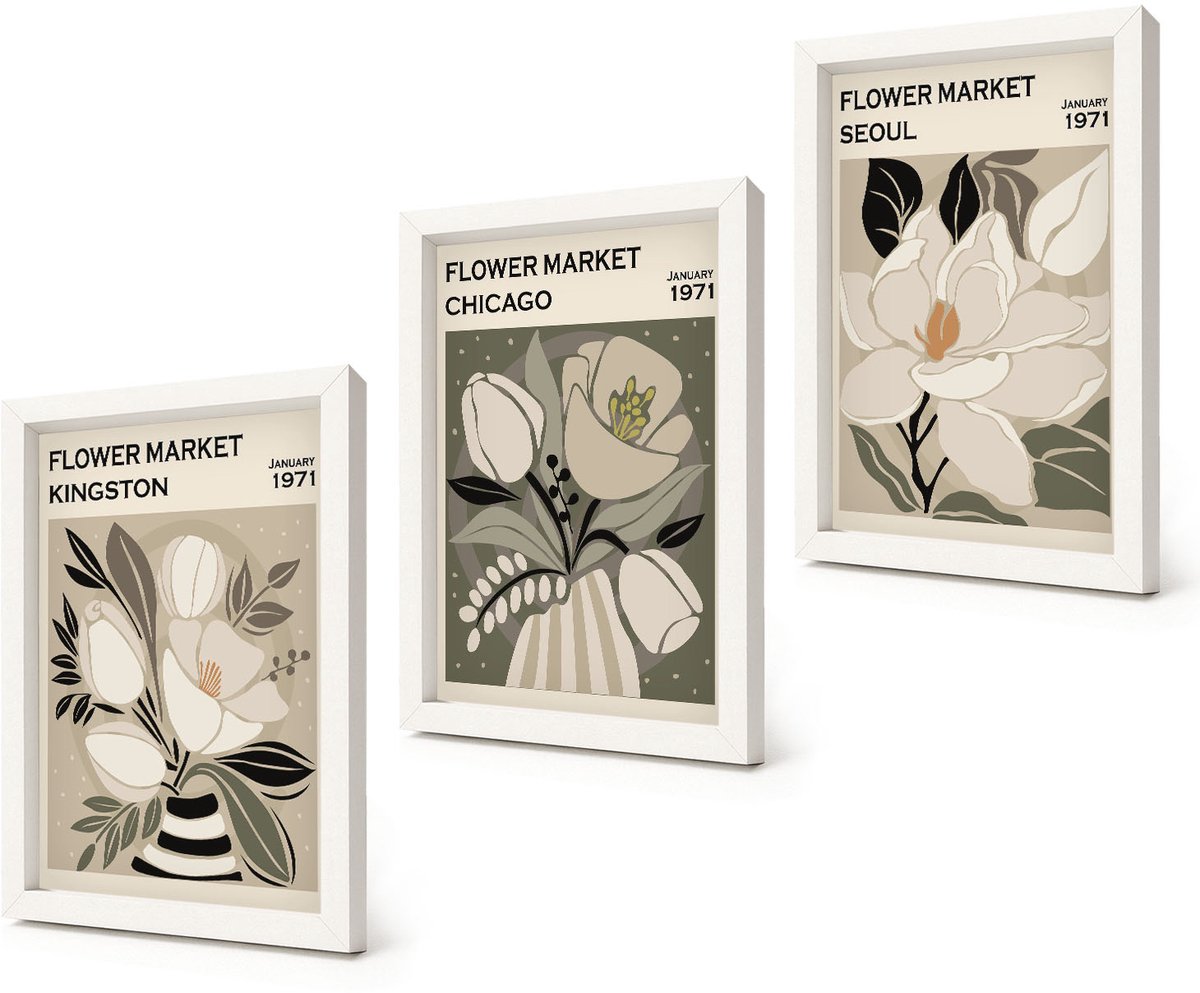 Coloray 3-Delige Schilderij Set - Bloemen van de markten van Kingston, Chicago en Seoul in een retrostijl. - 20x30 - Muurdecoratie - Interieur Decoratie - Wanddecoratie