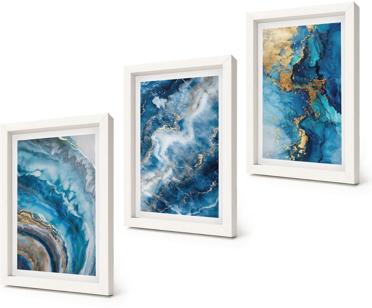Coloray 3-Delige Schilderij Set - Blauwe abstracte patronen in drie schilderijen - 20x30 - Muurdecoratie - Interieur Decoratie