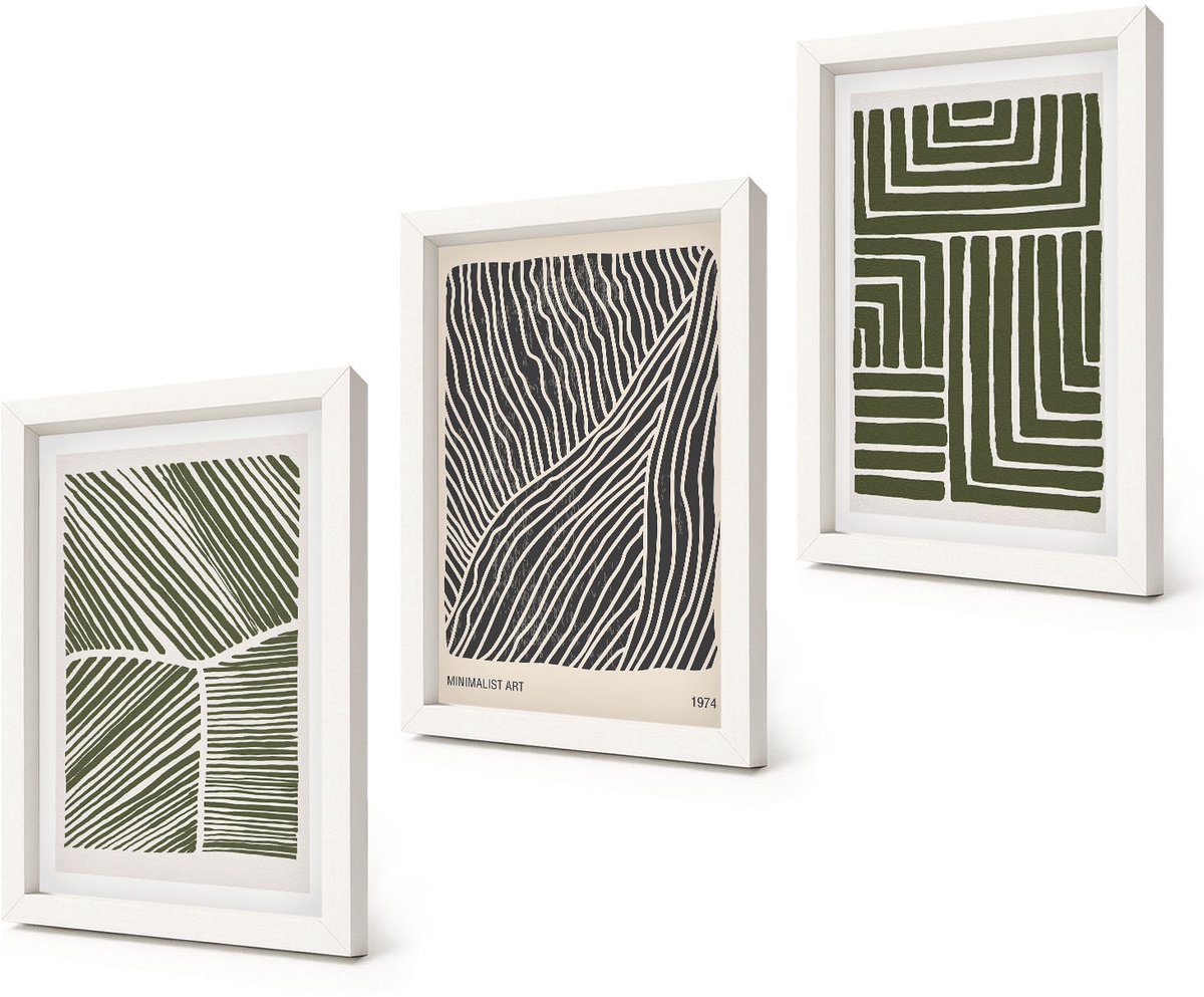 Coloray 3-Delige Schilderij Set - Patronen van lijnen en vormen in groene tinten - 20x30 - Schilderijen Set - Wanddecoratie - Woonkamer - Woonkamer Decoratie