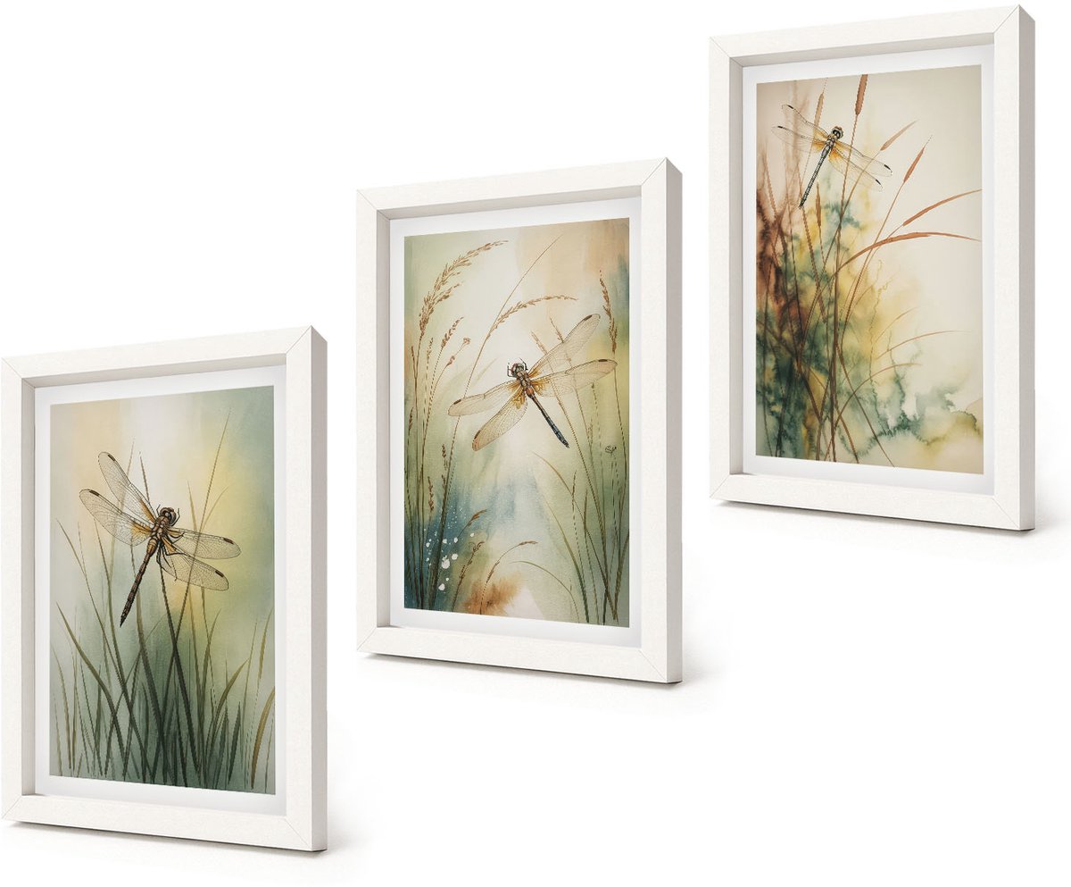 Coloray 3-Delige Schilderij Set - Geschilderd gras met libellen boven het water. - 20x30 - Decoratieve Schilderijen - Wanddecoratie - Hal - Woonkamer Decoratie