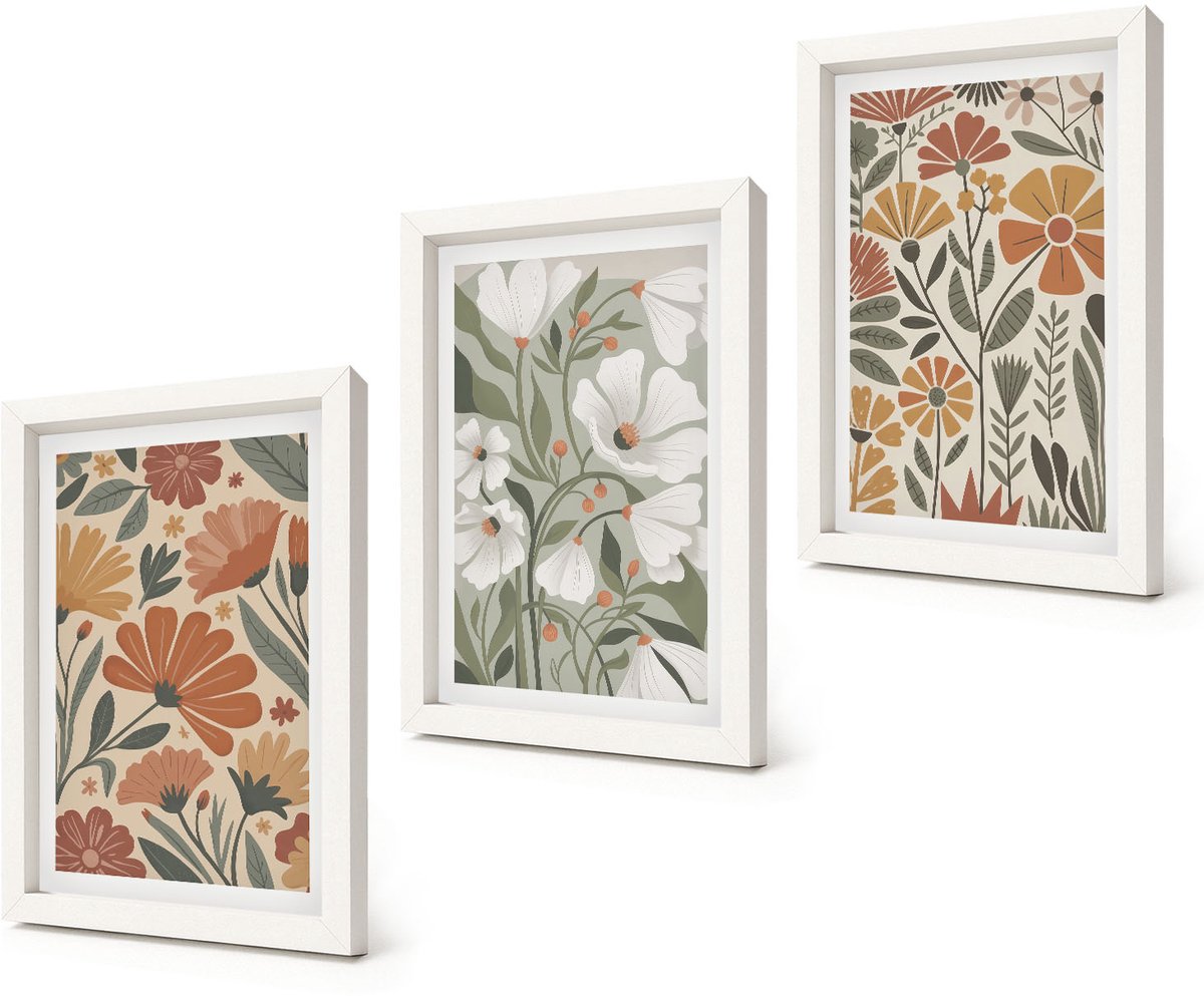 Coloray 3-Delige Schilderij Set - Bloemenpatronen in oranje en groene tinten. - 20x30 - Wanddecoratie - Woonkamer Decoratie - Interieur Decoratie