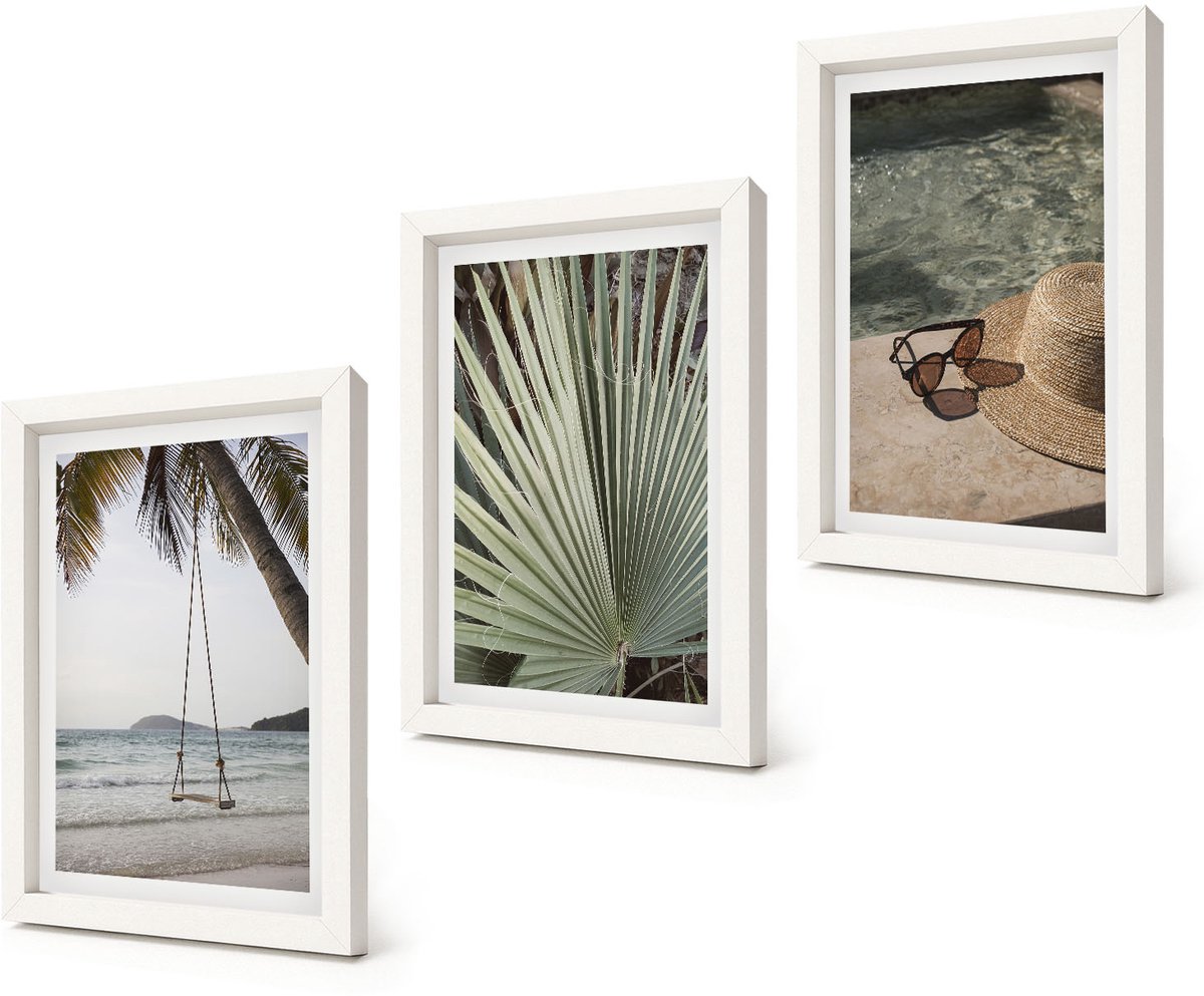 Coloray 3-Delige Schilderij Set - Vakantie aan het strand met palmbladerenschommel - 20x30 - Moderne Wanddecoratie - Slaapkamer - Stijlvolle Muurdecoratie