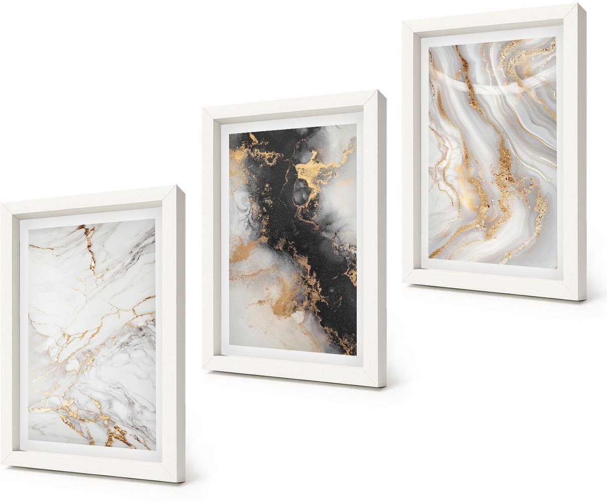 Coloray 3-Delige Schilderij Set - Abstracte patronen in zwart-wit tinten - 20x30 - Decoratieve Schilderijen - Wanddecoratie - Hal