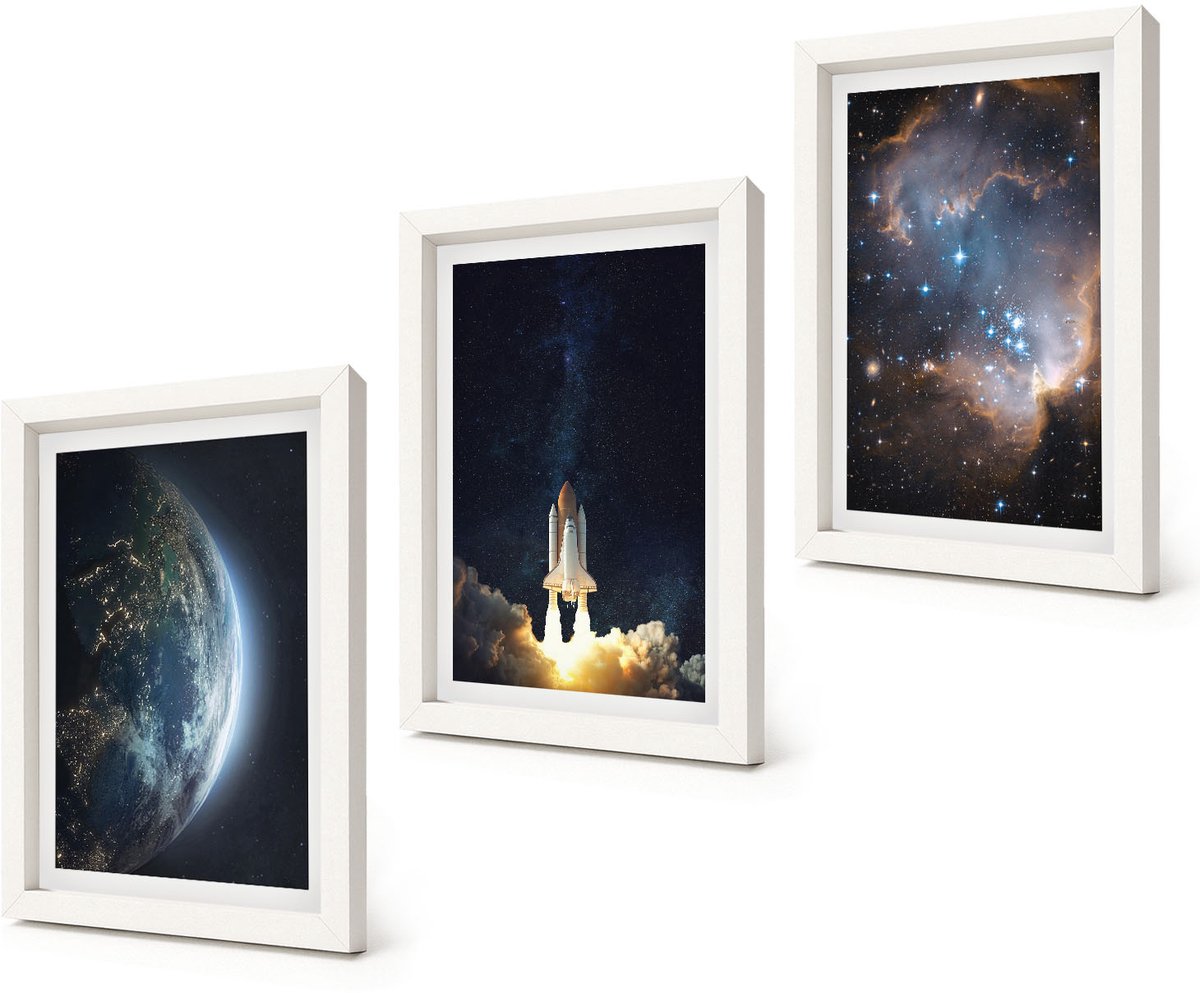 Coloray 3-Delige Schilderij Set - Ruimte Aarde Raket Melkweg Hemel Sterren - 20x30 - Muurdecoratie - Decoratieve Schilderijen - Wohnzimmer - Interieur Decoratie