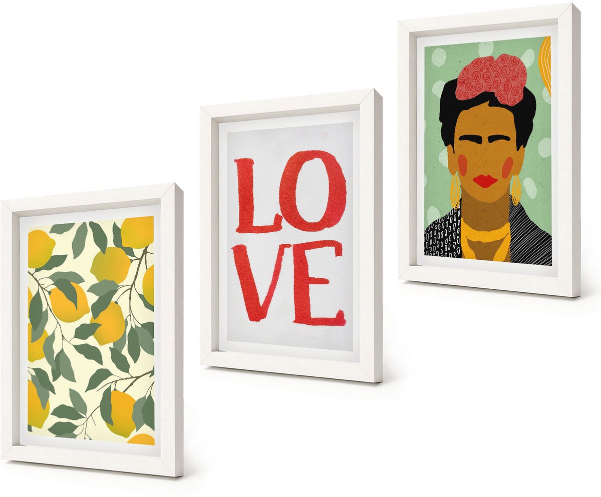 Coloray 3-Delige Schilderij Set - Citroenen Liefde Lettering Geschilderd Portret van Frida Kahlo - 20x30 - Stijlvolle Wanddecoratie - Interieur - Moderne Wanddecoratie