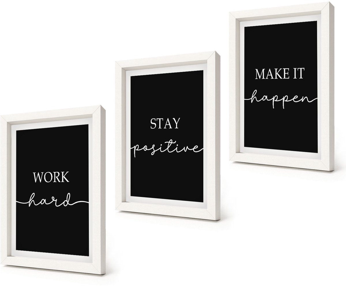 Coloray 3-Delige Schilderij Set - Elegante, motiverende slogans op een zwarte achtergrond - 20x30 - Stijlvolle Muurdecoratie - Kantoor - Wanddecoratie