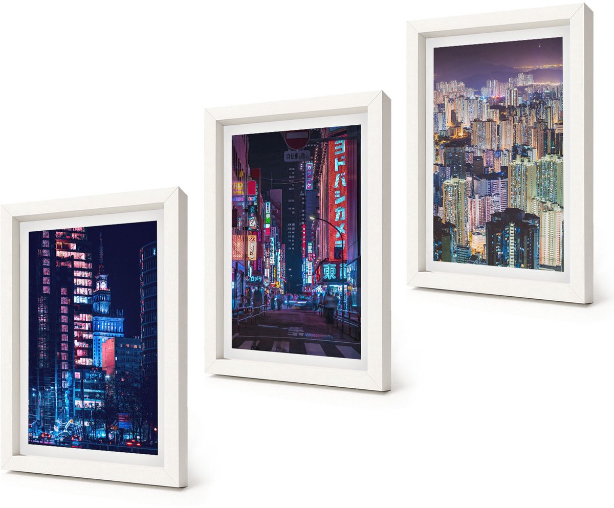 Coloray 3-Delige Schilderij Set - Nachtelijke stadsgezichten met neonlichten - 20x30 - Moderne Wanddecoratie - Slaapkamer - Stijlvolle Muurdecoratie