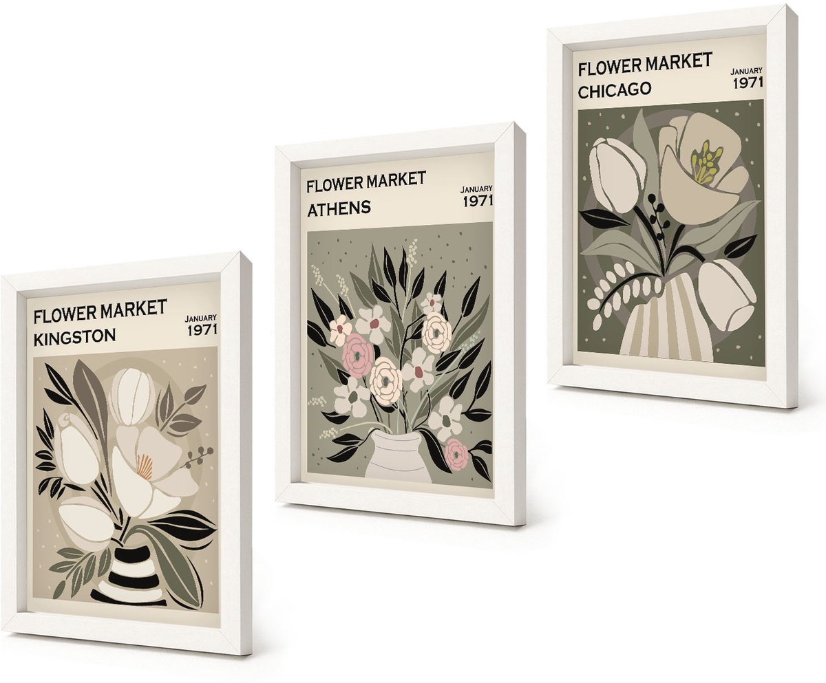 Coloray 3-Delige Schilderij Set - Bloemstukken uit verschillende steden in retrostijl - 20x30 - Decoratieve Muurdecoratie - Slaapkamer - Stijlvolle Muurdecoratie