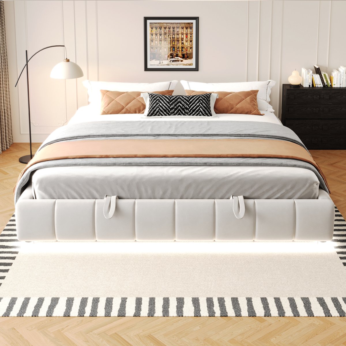 Sweiko Tweepersoonsbed - 180 x 200 cm - Zonder hoofdeinde - LED-lichtstrip - Opbergruimte - Beige
