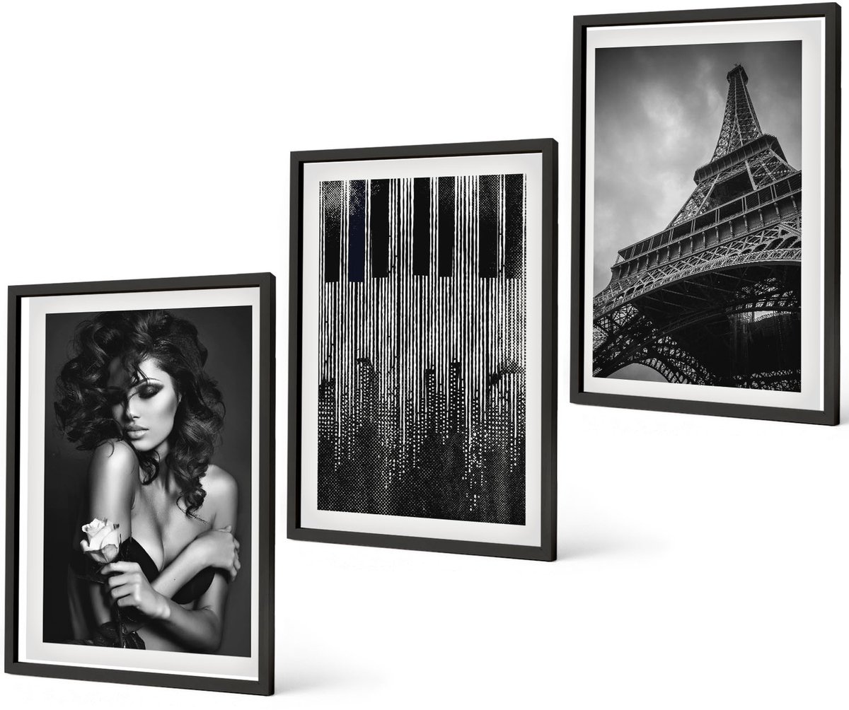 Coloray 3-Delige Schilderij Set - Portret Van Een Vrouw Met Een Roos, De Eiffeltoren En Een Pianopatroon - 40 x 60 cm - Muurdecoratie - Wanddecoratie - Slaapkamer - Woonkamer Decoratie