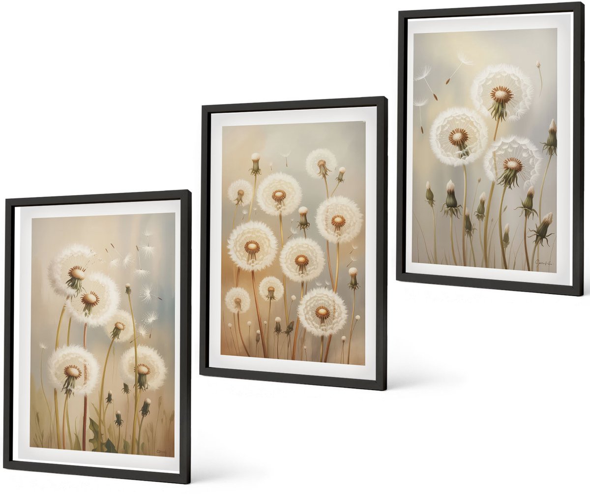 Coloray 3-Delige Schilderij Set - Witte Paardenbloemen Op Een Achtergrond Van Lichte Kleuren. - 40 x 60 cm - Wanddecoratie - Muurdecoratie - Moderne Interieurdecoratie - Stijlvolle Muurdecoratie