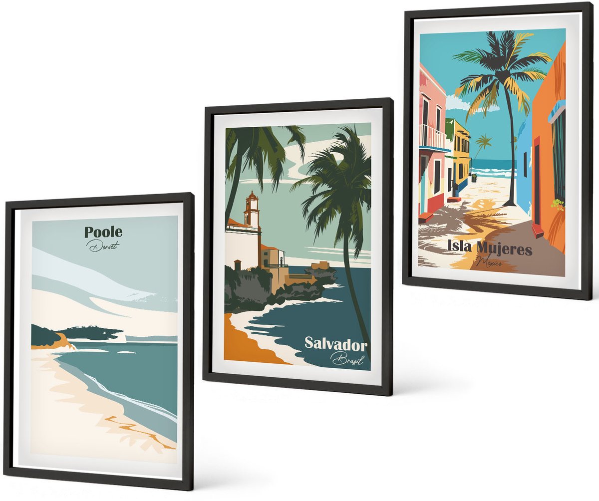 Coloray 3-Delige Schilderij Set - Tropische Landschappen Met Stranden En Palmbomen - 40 x 60 cm - Wanddecoratie - Schilderijen Set - Kantoor - Stijlvolle Muurdecoratie