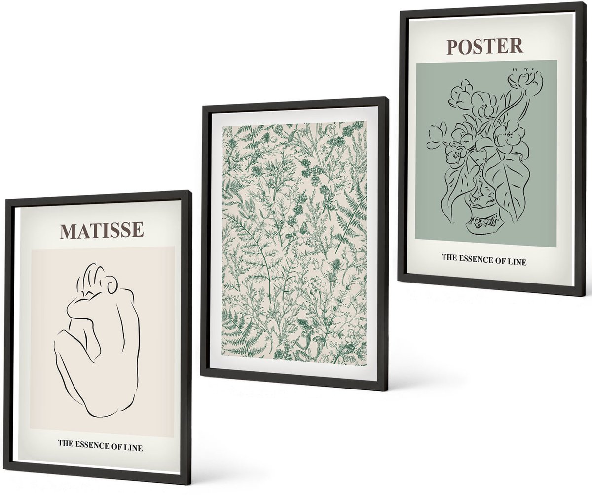 Coloray 3-Delige Schilderij Set - Lijnen En Plantmotieven In Een Minimalistische Stijl. - 40 x 60 cm - Wanddecoratie - Muurdecoratie - Moderne Interieurdecoratie - Interieur Decoratie Zwarte lijst