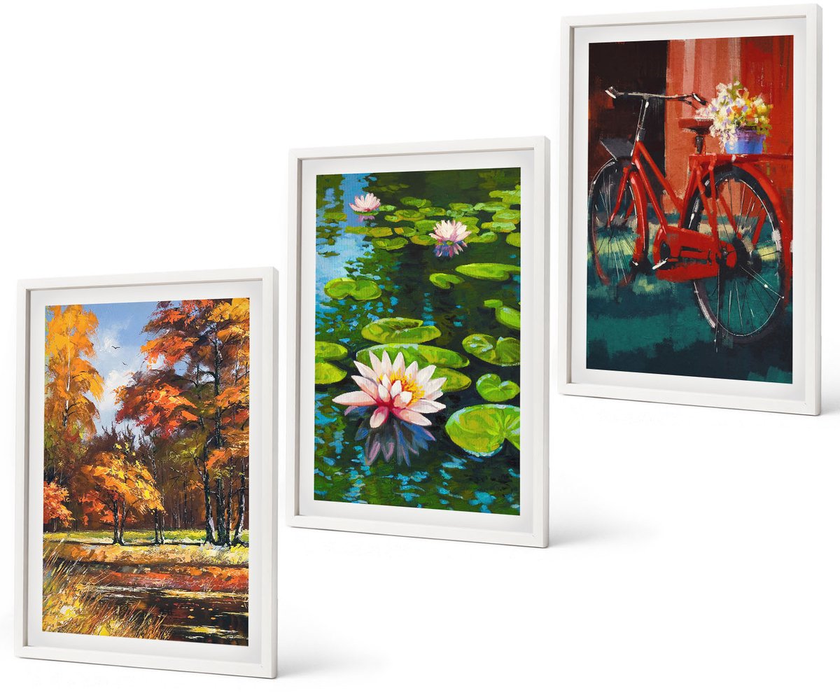 Coloray 3-Delige Schilderij Set - Herfstkleuren, Lelievijver, Fietsen Op Het Terras - 40 x 60 - Wanddecoratie - Schilderijen Set - Interieur - Decoratieve Schilderijen
