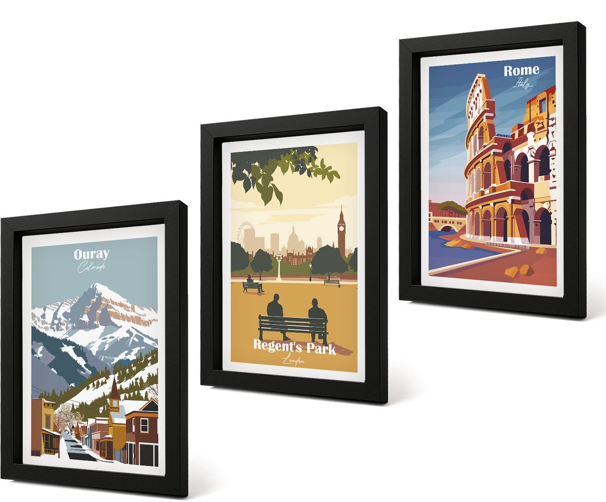 Coloray 4-Delige Schilderij Set - Bergen in Ouray Park in Londen, Colosseum in Rome - 20 x 30 cm - Wanddecoratie - Muurdecoratie - Moderne Interieurdecoratie - Interieur Decoratie