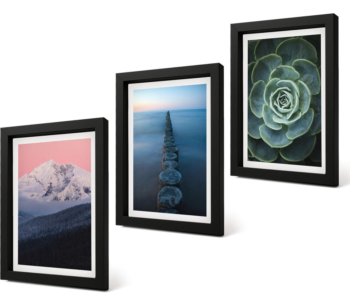 Coloray 4-Delige Schilderij Set - Bergen met roze lucht, water en groene vetplanten - 20 x 30 cm - Moderne Wanddecoratie - Slaapkamer