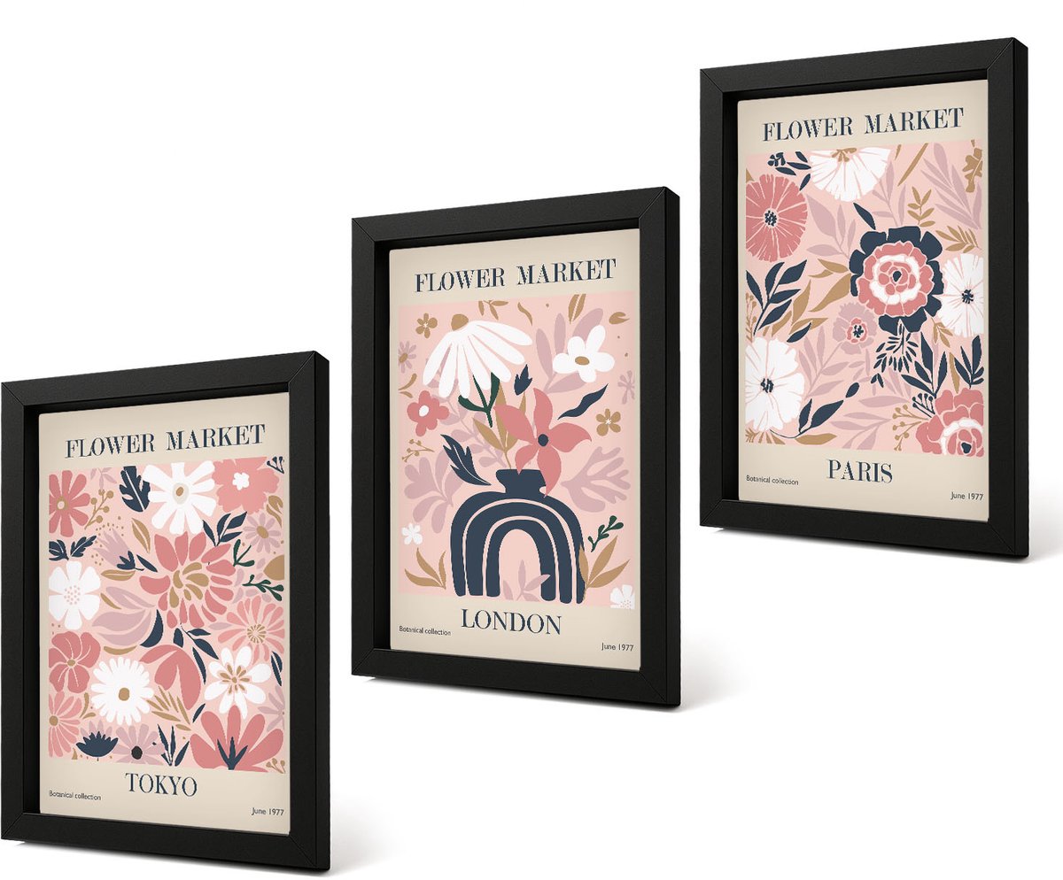 Coloray 4-Delige Schilderij Set - Bloemmotieven in Tokio, Londen en Parijs - 20 x 30 cm - Wanddecoratie - Woonkamer Decoratie