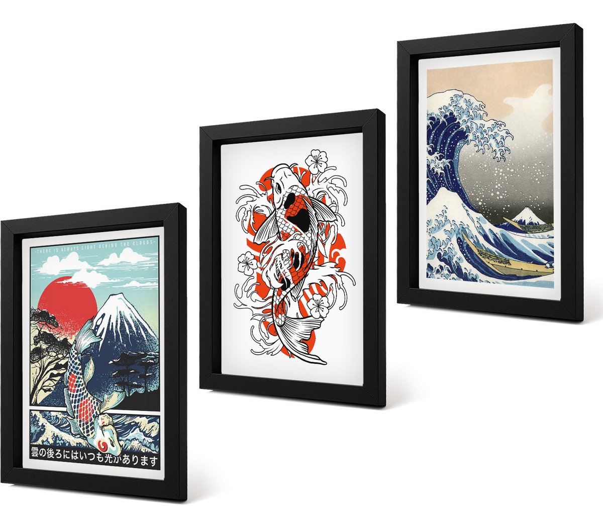 Coloray 4-Delige Schilderij Set - Illustraties van de Visbergen en de Grote Golf voor de kust van Kanagawa in Japanse stijl. - 20 x 30 cm - Decoratieve Muurdecoratie - Slaapkamer - Interieur Decoratie