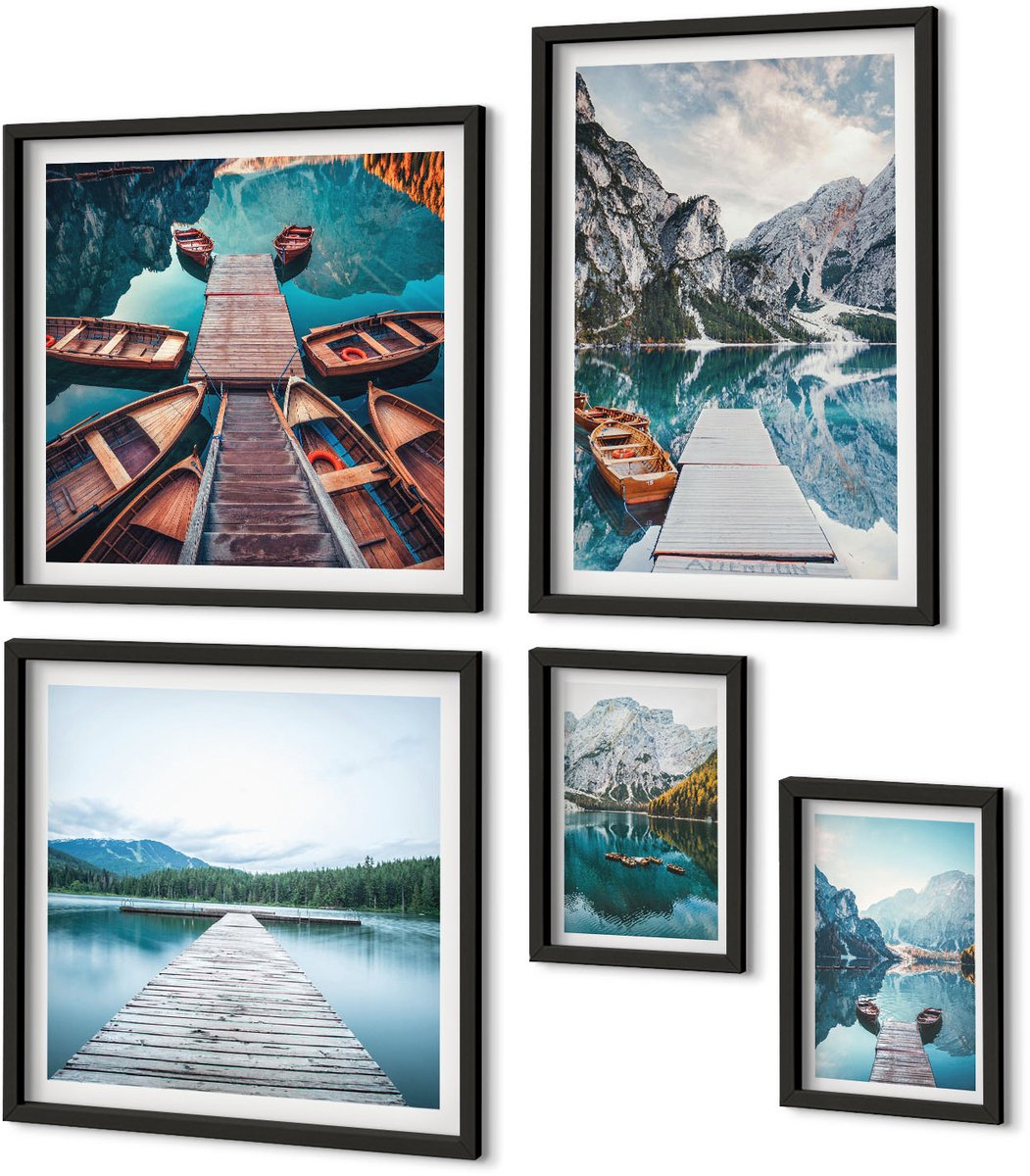 Coloray 5-Delige Schilderij Set - Berglandschappen Met Waterpaden En Boten - 50 x 50 cm, 20 x 30 cm En 40 x 60 cm - Muurdecoratie - Wanddecoratie - Hal - Woonkamer Decoratie Zwarte lijst