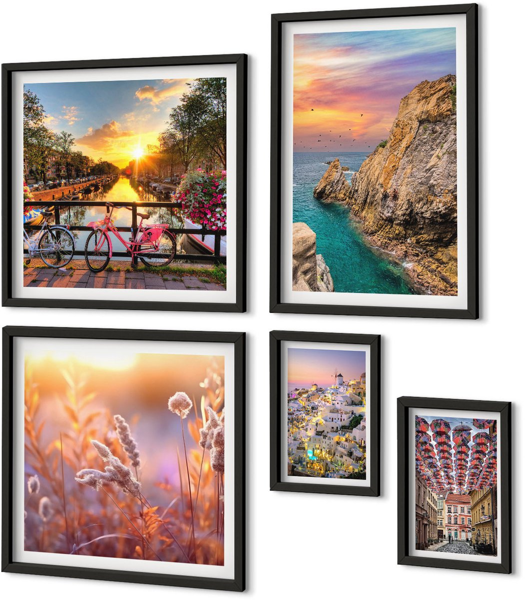 Coloray 5-Delige Schilderij Set - Kustlandschappen En Charmante Stadjes Van Europa - 50 x 50 cm, 20 x 30 cm En 40 x 60 cm - Decoratieve Schilderijen - Woonkamer - Interieur Zwarte lijst