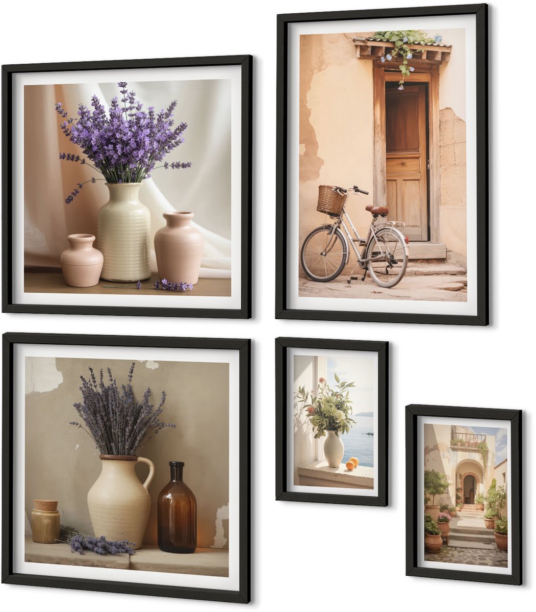 Coloray 5-Delige Schilderij Set - Stijlvol Interieur Met Bloemmotieven En Een Fiets - 50 x 50 cm, 20 x 30 cm En 40 x 60 cm - Wanddecoratie - Schilderijen Set - Kantoor - Moderne Wanddecoratie Zwarte lijst